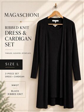 Magaschoni Black Ribbed Knit Midi Dress & Cardigan Set Size L NWOT